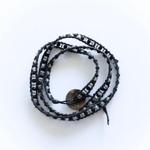 Boho wrap bracelet black twill glass crystal beads summer layering gipsy chic